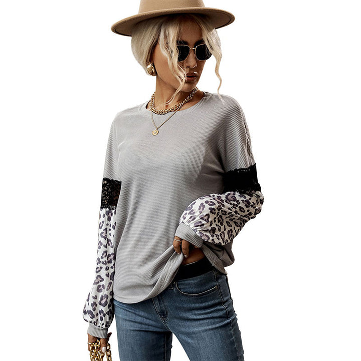 Damen modischer Pullover mit floralen Spitzenärmeln und dezente Leopardenmuster Drune