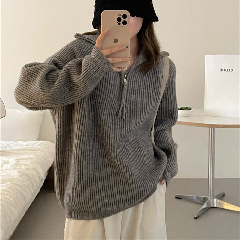 Damen Leichter Strickpullover mit hohem Kragen und dekorativem Reißverschluss Drune