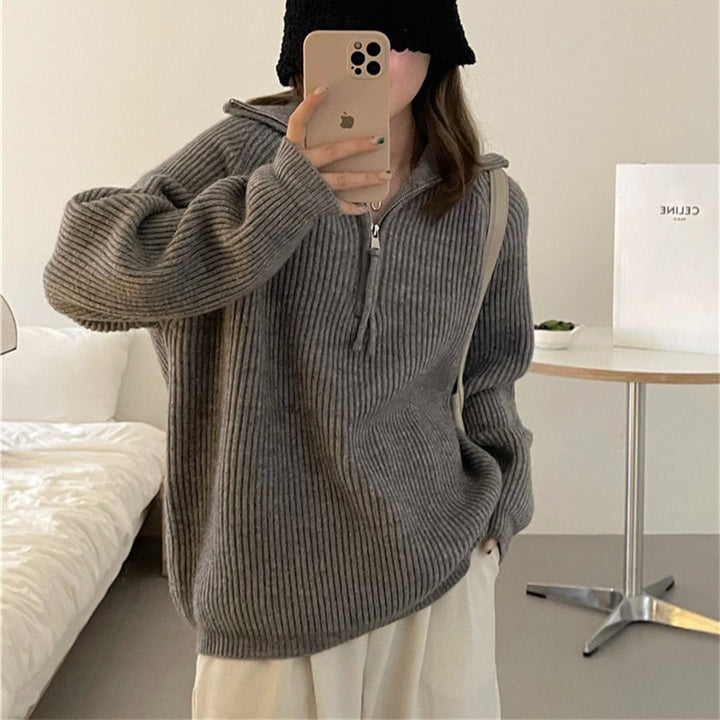 Damen Leichter Strickpullover mit hohem Kragen und dekorativem Reißverschluss Drune