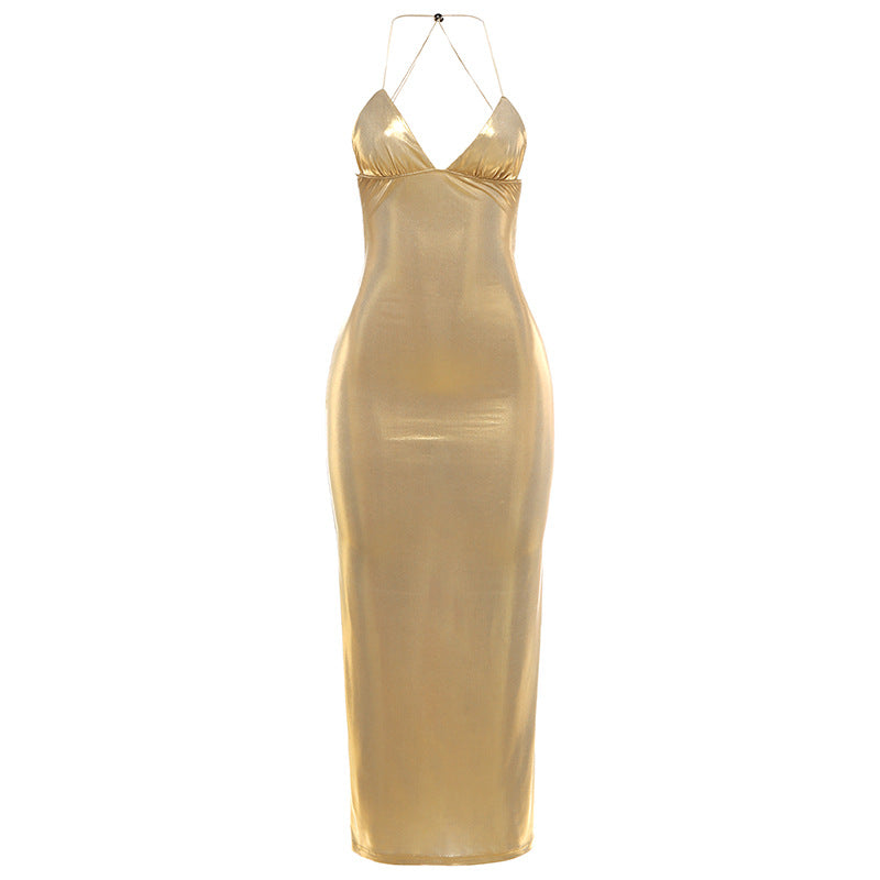 Damen Figurbetontes Maxikleid mit Spaghettiträgern und schimmernder Oberfläche Drune