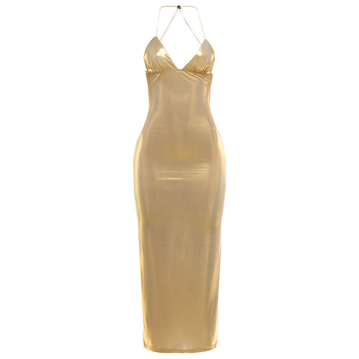 Damen Figurbetontes Maxikleid mit Spaghettiträgern und schimmernder Oberfläche Drune