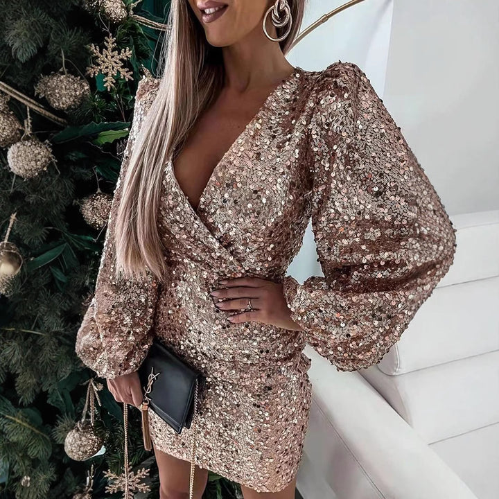 Damen Glitzerndes Minikleid mit Ballonärmel und Wickeloptik Drune