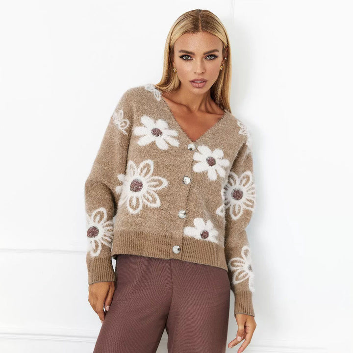 Damen Kuscheliger Cardigan mit floralem Design und Knopfdetails Drune