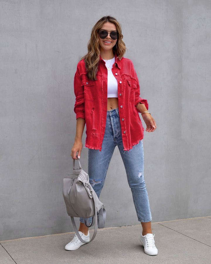 Damen stylische Oversized Jeansjacke mit distressed Effekt Drune