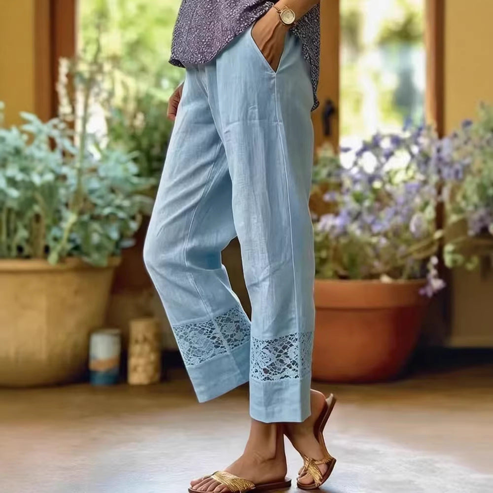 Damen Elegante Leinenhose mit Spitzenakzenten Drune