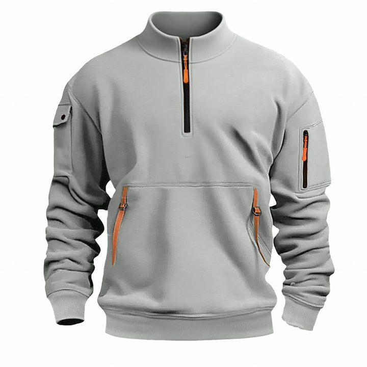Herren nan Sweatshirt mit Stehkragen, halbem Reißverschluss, Kängurutasche und Ärmeltasche Drune