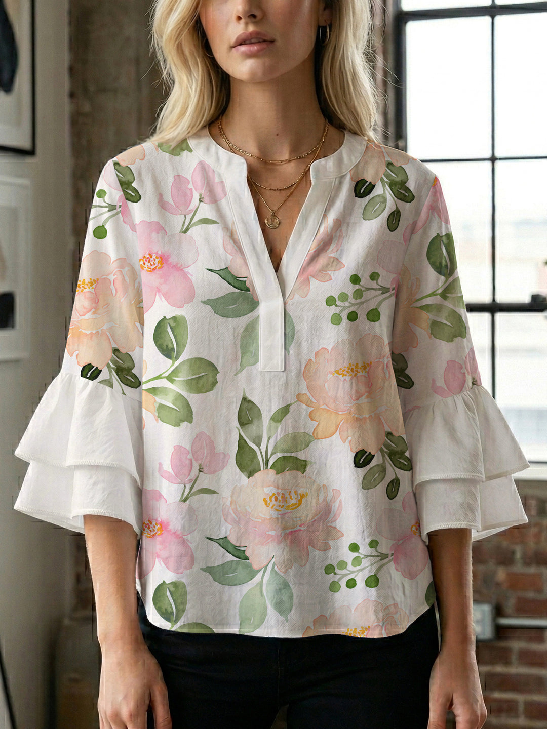 Damen elegantes Blusenshirt mit voluminösen Rüsenärmeln und grafischem Blumendesign Drune