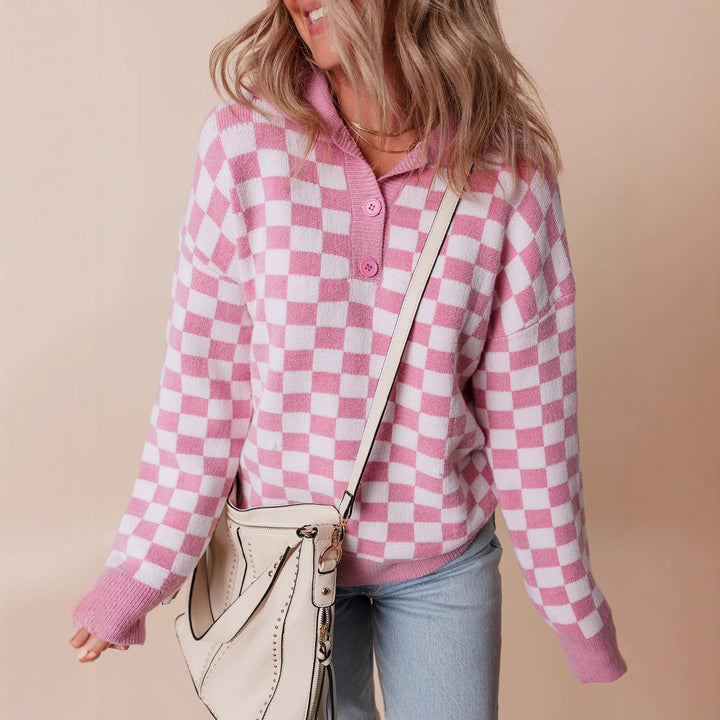 Damen gemütlicher Sweatpullover mit Karomuster und Knopfdetail Drune