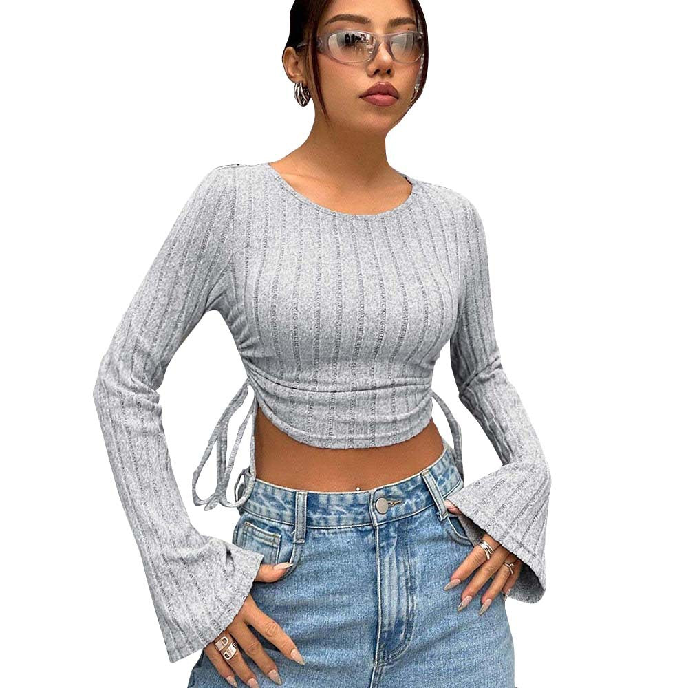 Damen cropped Langarmoberteil mit modischem Rippstrick und Bindedetail Drune
