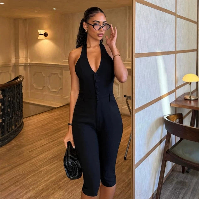 Damen Jumpsuit mit tiefem V-Ausschnitt und elegantem Knopfdetail Drune