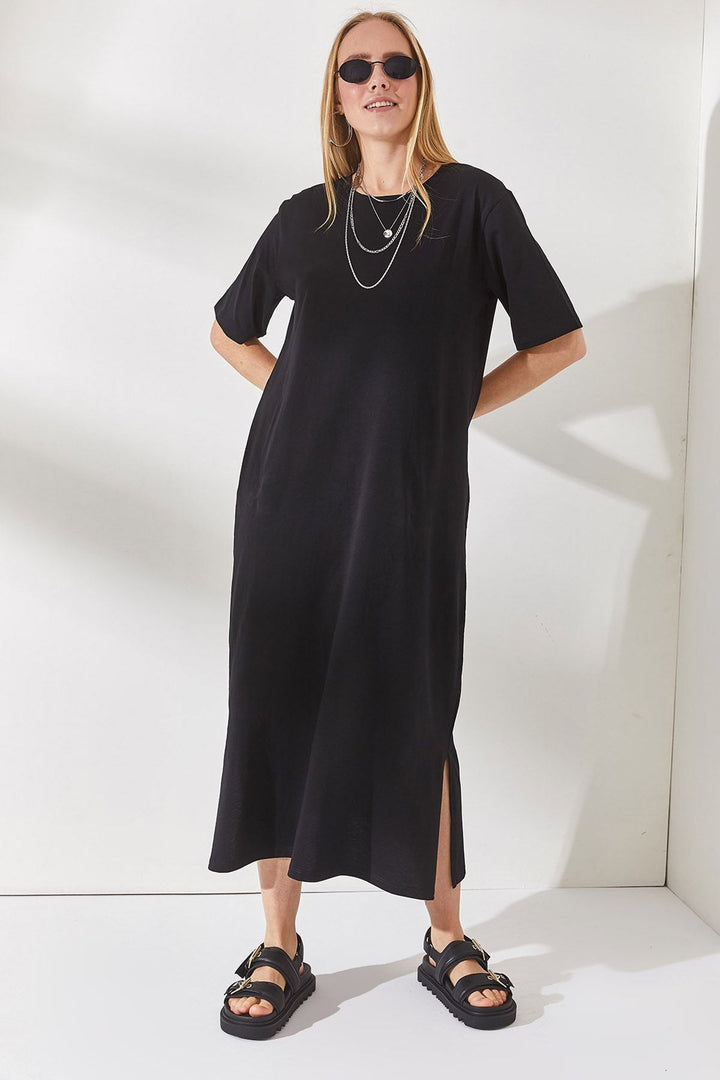 Damen schlichtes langärmliges Kleid mit seitlichen Schlitzen und komfortablem Schnitt Drune