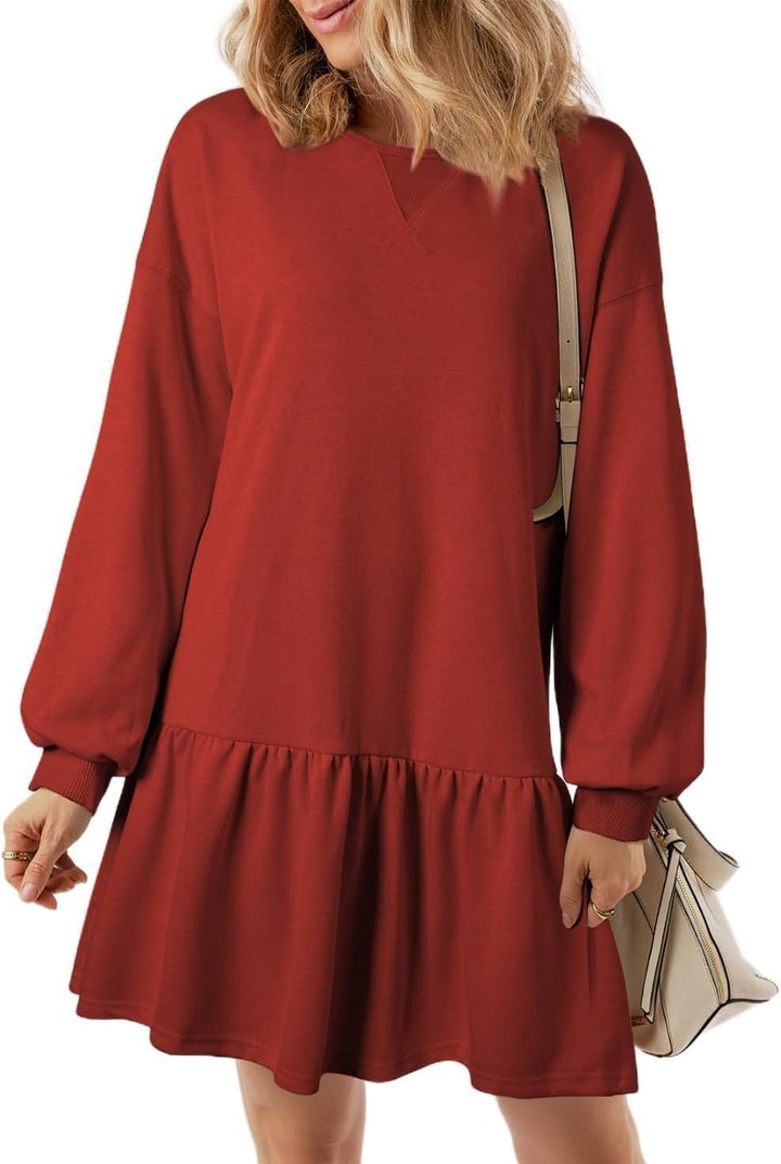 Damen Lässiges Sweatkleid mit V-Ausschnitt und Rüschensaum Drune