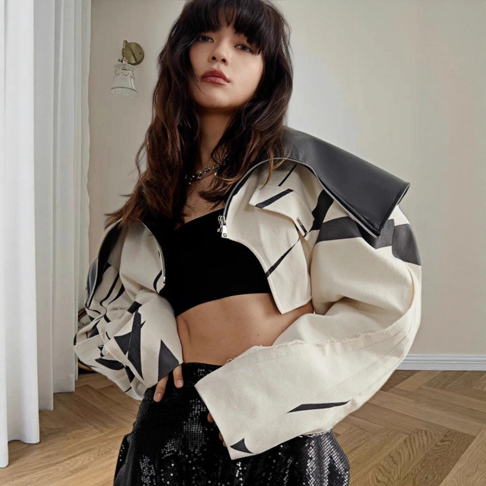 Damen Modische Cropped Jacke mit geometrischem Design und Kunstlederdetails Drune