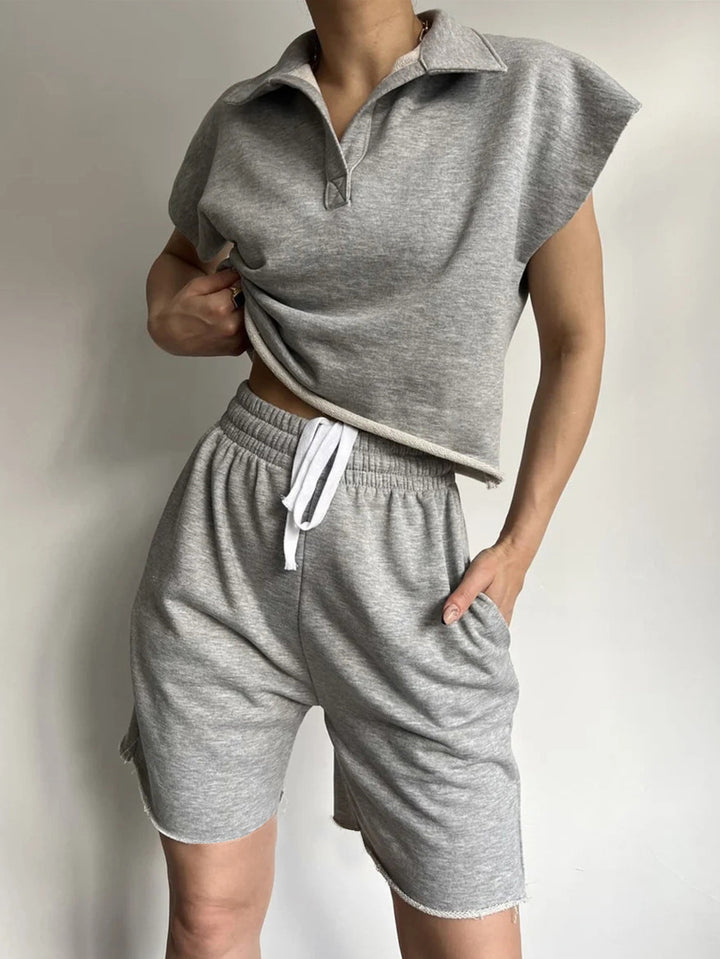 Damen lässiger Freizeitanzug mit hochgeschlossenem Kragen und elastischen Shorts Drune
