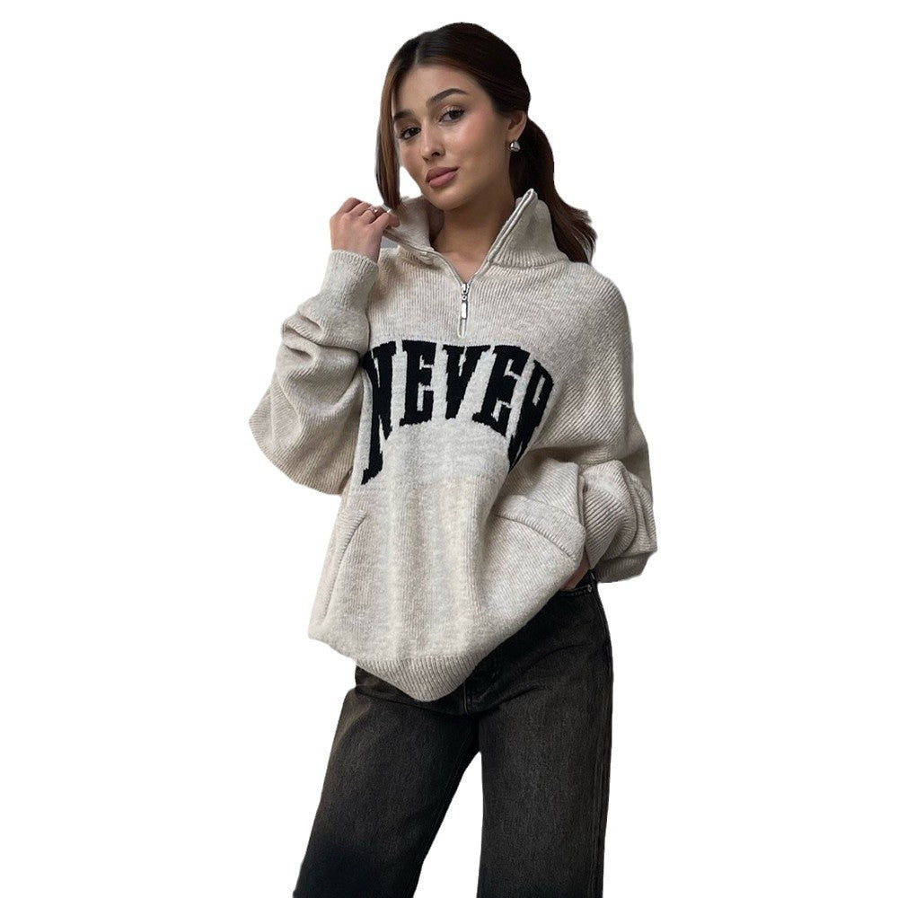 Damen lässiger Strickpullover mit halbem Reißverschluss und Statement-Print Drune