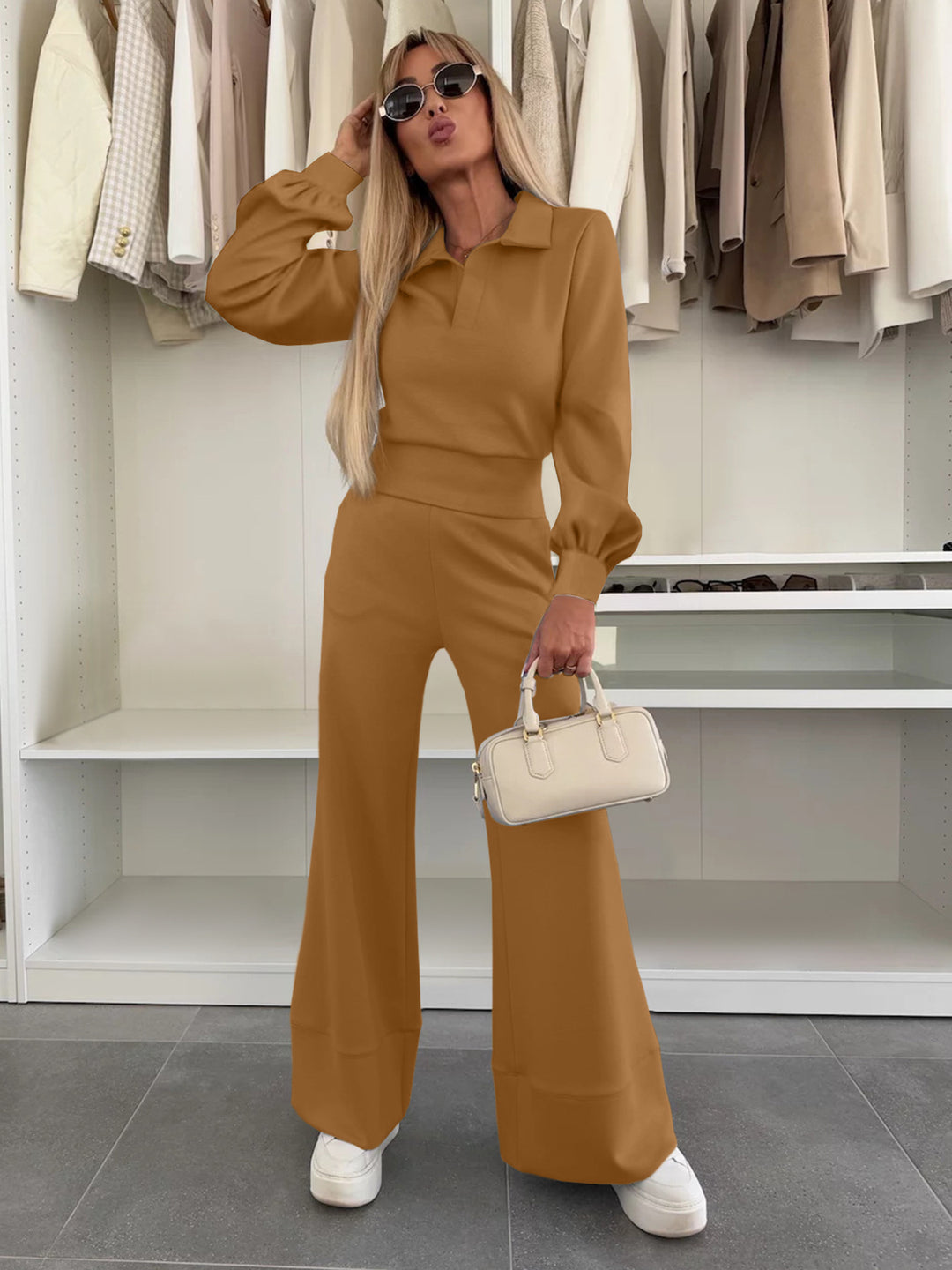 Damen Stylish und lässiger Jumpsuit mit weitem Bein und eleganten Ärmeln Drune