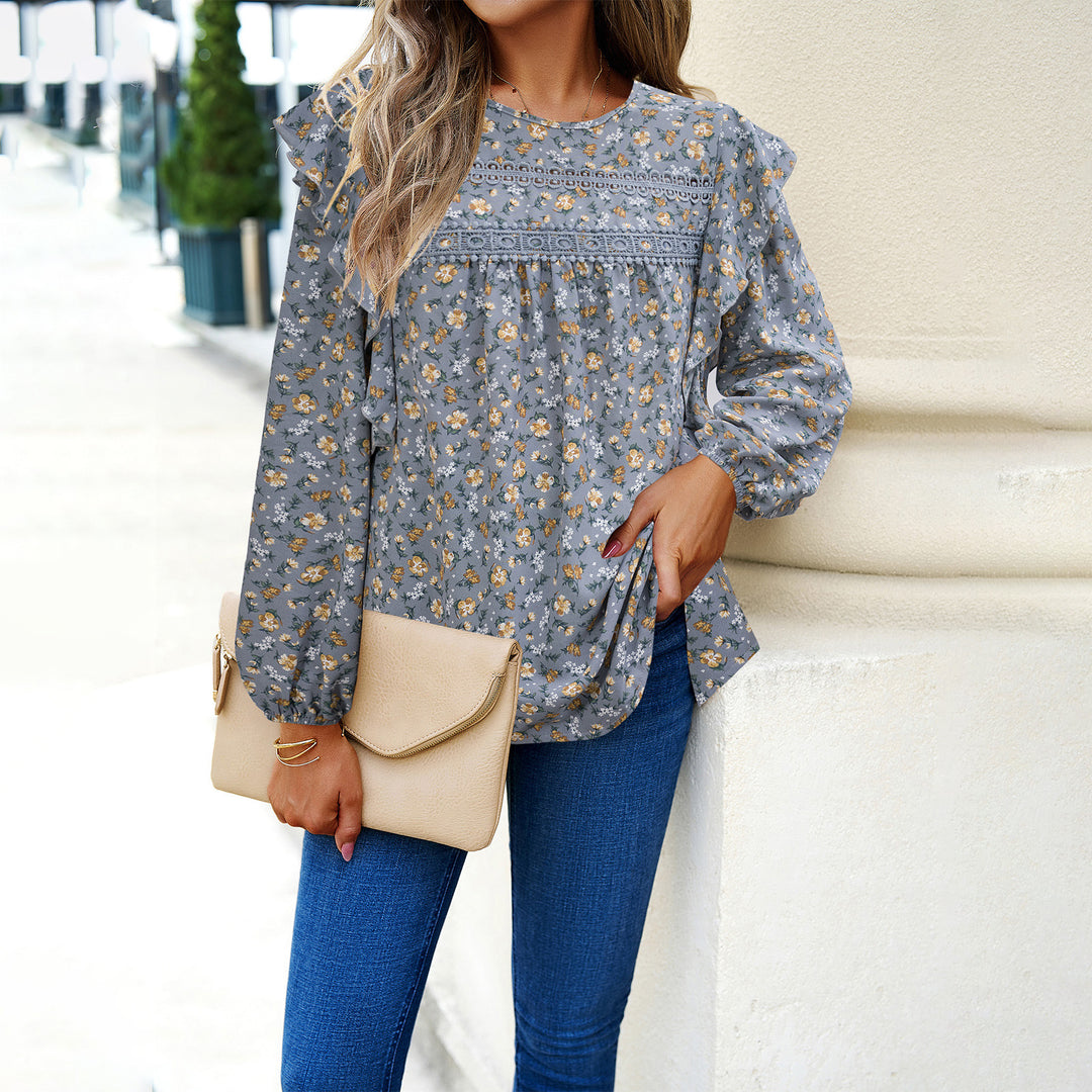 Damen nan romantische Hemdblusenbluse mit Spitzenborte, Volantärmel und lockerer Tunika-Silhouette Drune