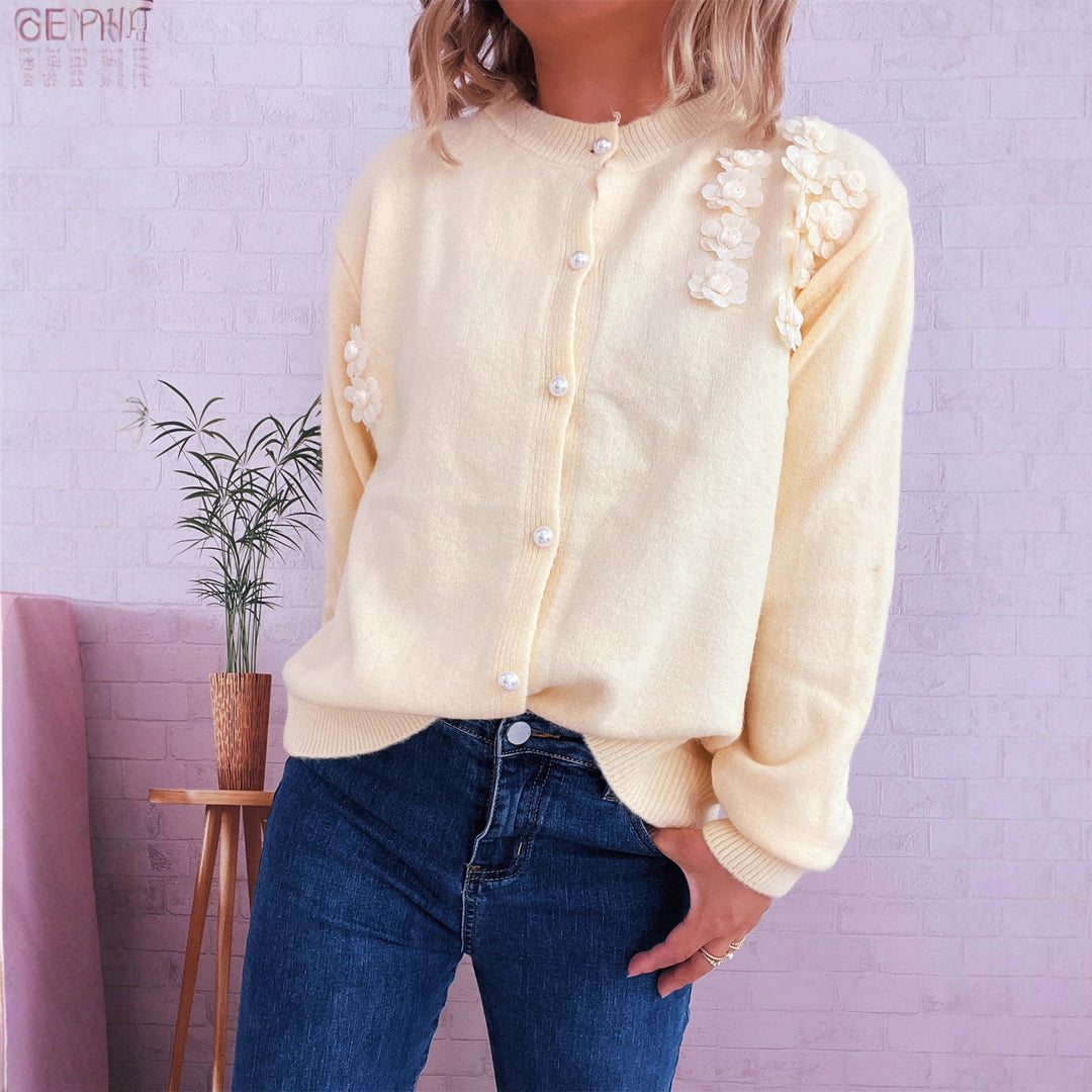 Damen Strickjacke mit floralem Design und eleganten Perlenknöpfen Drune