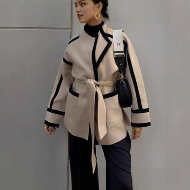 Damen modischer Blazer-Kimono mit Gürtel und Kontrastdetails Drune