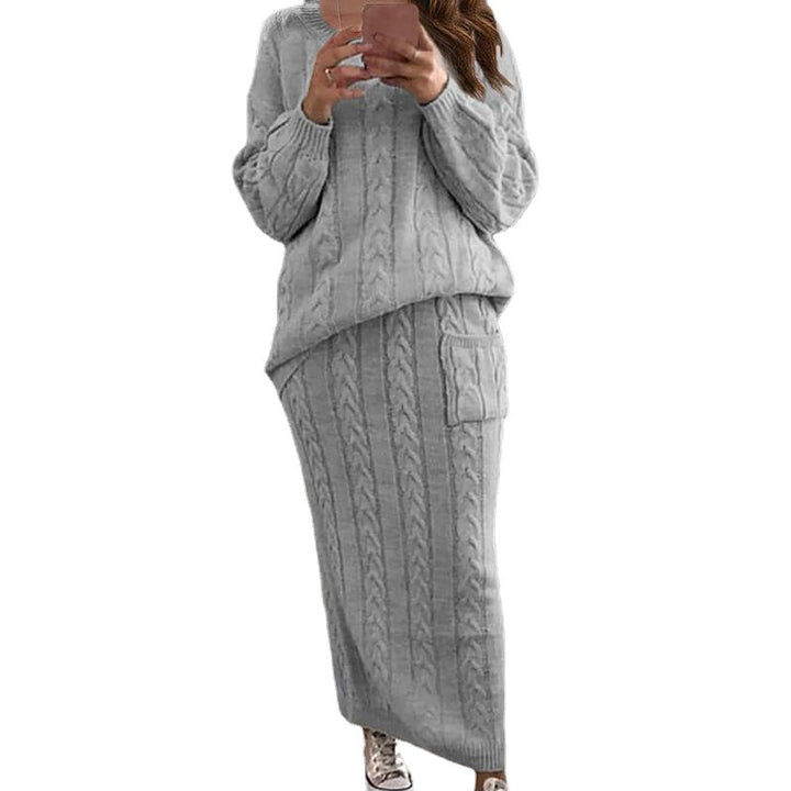 Damen nan Strickset Oversized Zopfmuster-Pullover und Maxi-Bleistiftrock mit aufgesetzter Tasche Drune
