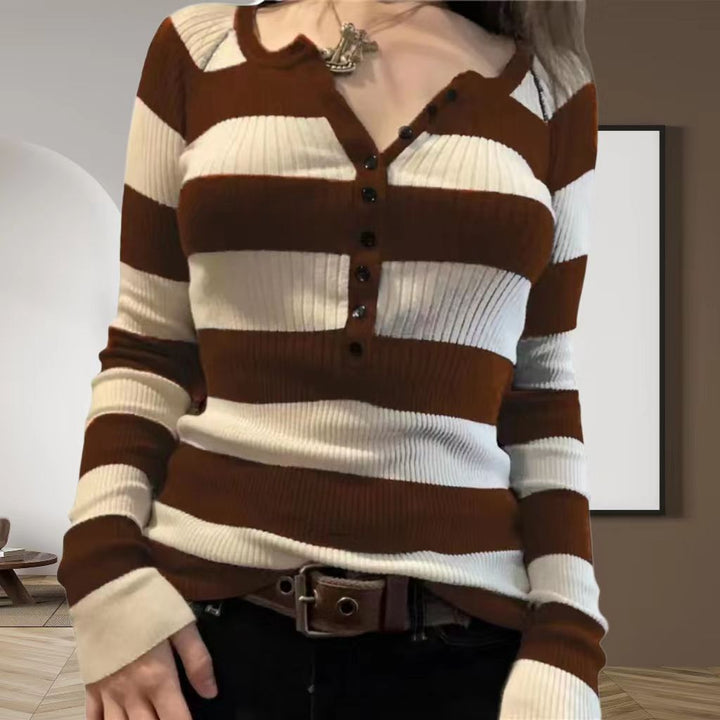 Damen Langarmshirt mit Knopfleiste und Streifenmuster Drune