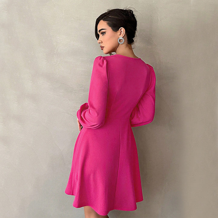 Damen Minikleid mit tiefem V-Ausschnitt und eleganten Puffärmeln Drune