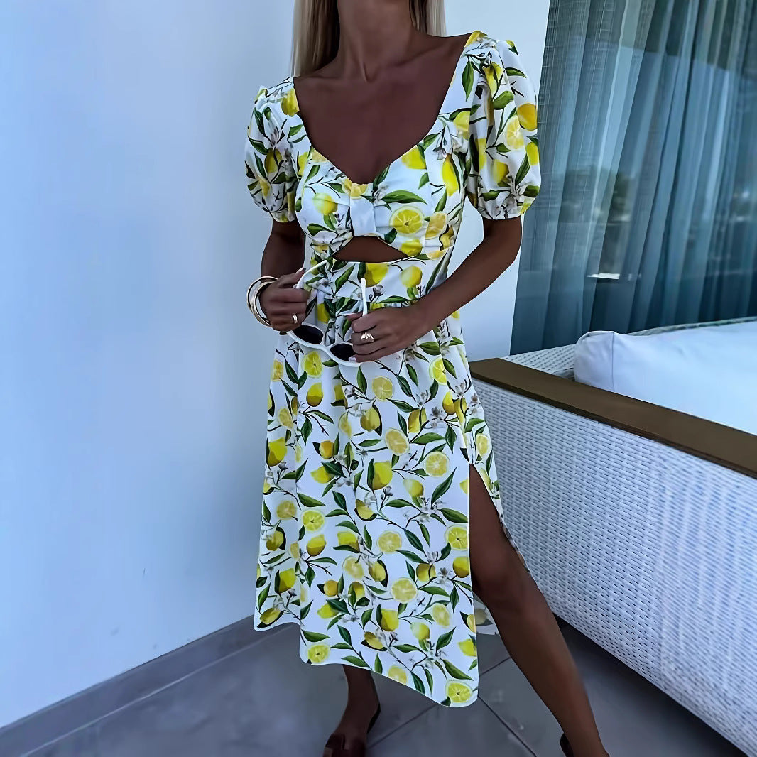 Damen Maxikleid mit fruchtigem Print und seitlichem Schlitz Drune