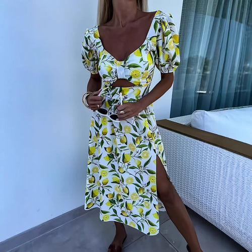 Damen Maxikleid mit fruchtigem Print und seitlichem Schlitz Drune