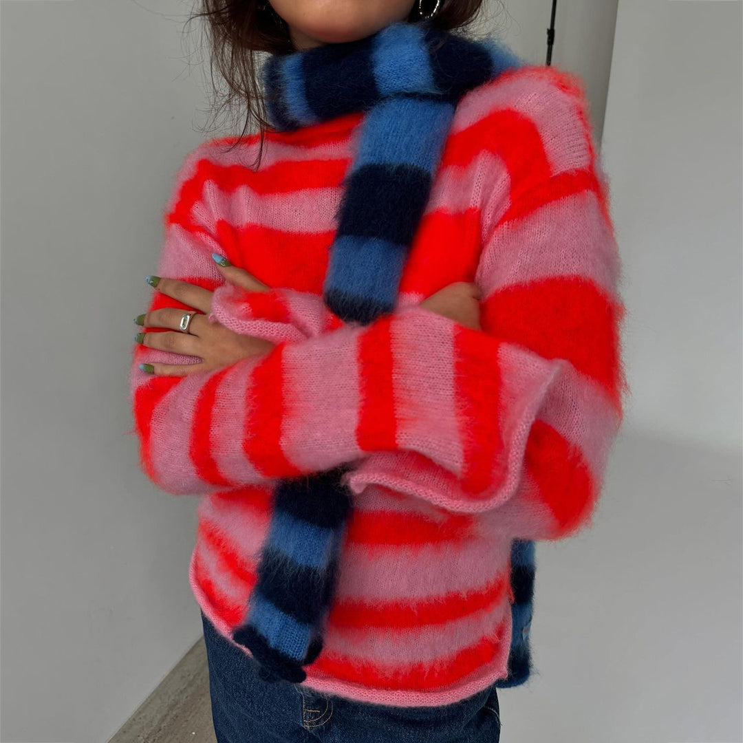 Damen Mohair-Strickpullover mit modischem Streifenmuster Drune