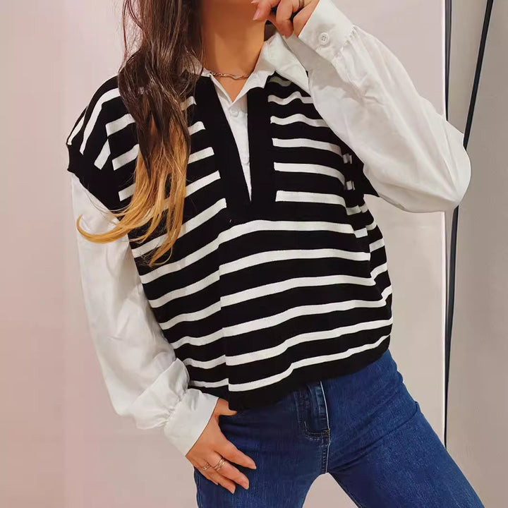 Damen lässiger Polo-Pullover mit gestreiften Design und leichten Puffärmeln Drune