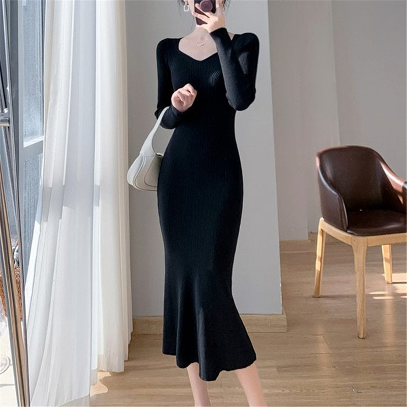 Damen_maximaler_Rippenstrick_Midi-Kleid_Drune