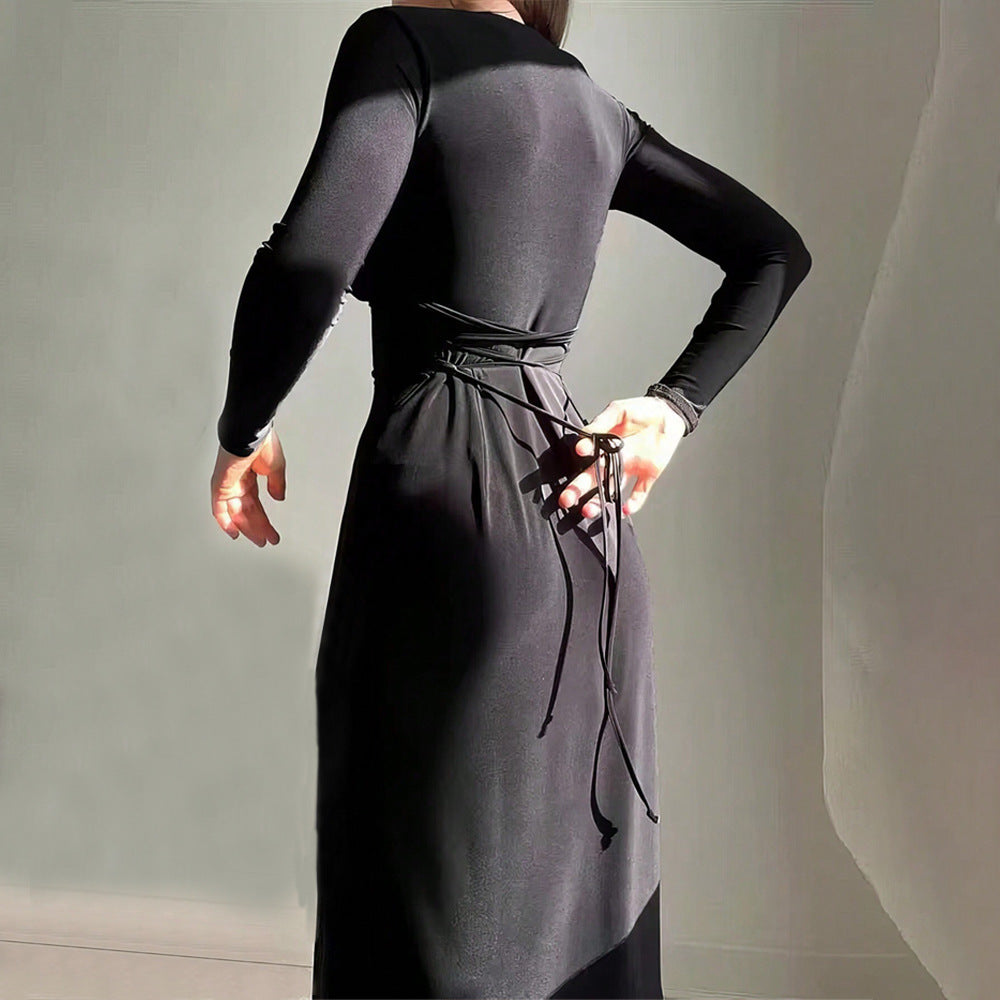 Damen elegantes Midi-Kleid mit tiefem V-Ausschnitt und langem Arm Drune
