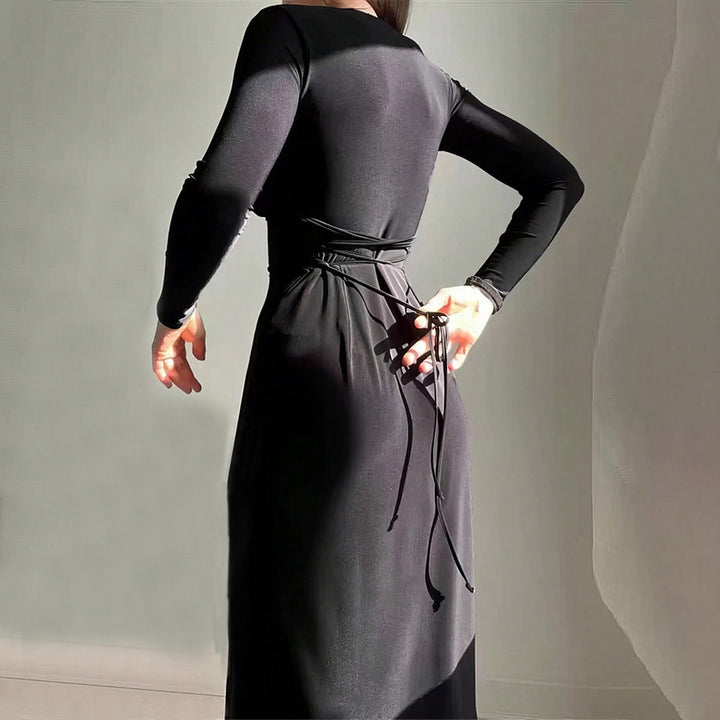 Damen elegantes Midi-Kleid mit tiefem V-Ausschnitt und langem Arm Drune