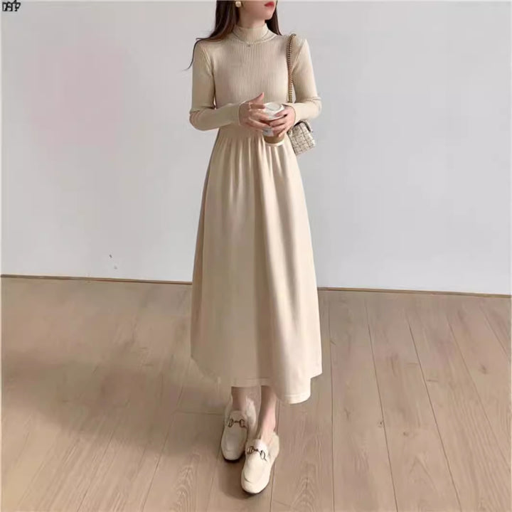 Damen Elegantes Maxikleid mit hohem Kragen und elastischem Bund Drune
