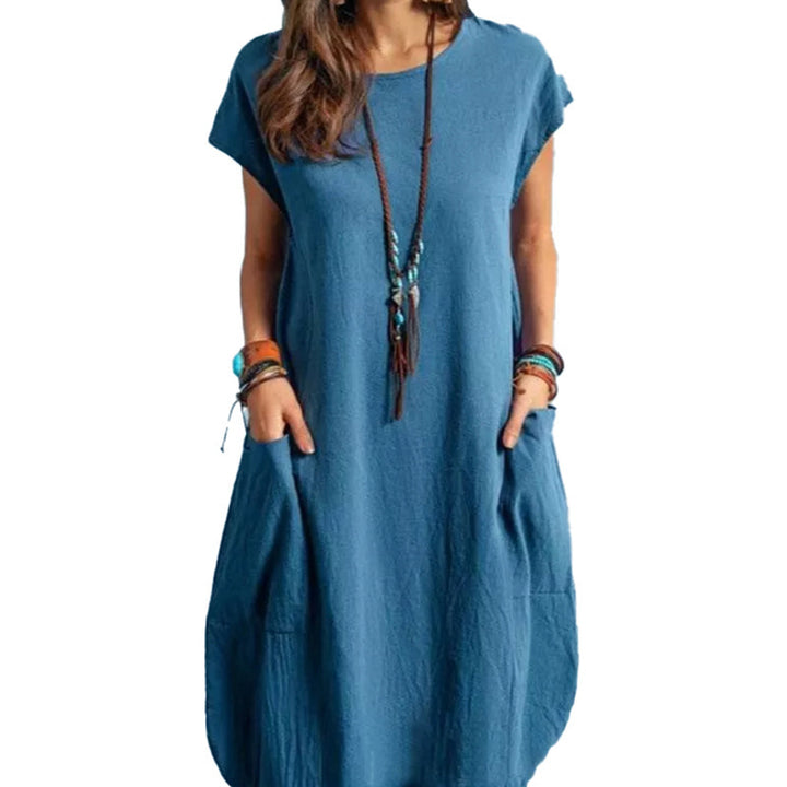 Damen lässiges Freizeitkleid mit seitlichen Taschen und Rundhalsausschnitt Drune
