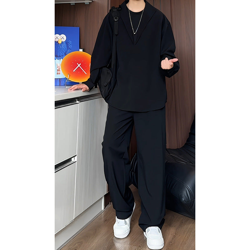 Herren nan locker geschnittenes zweiteiliges Freizeitset mit tiefem V-Ausschnitt Overshirt und weitem Bundfaltenhose Drune