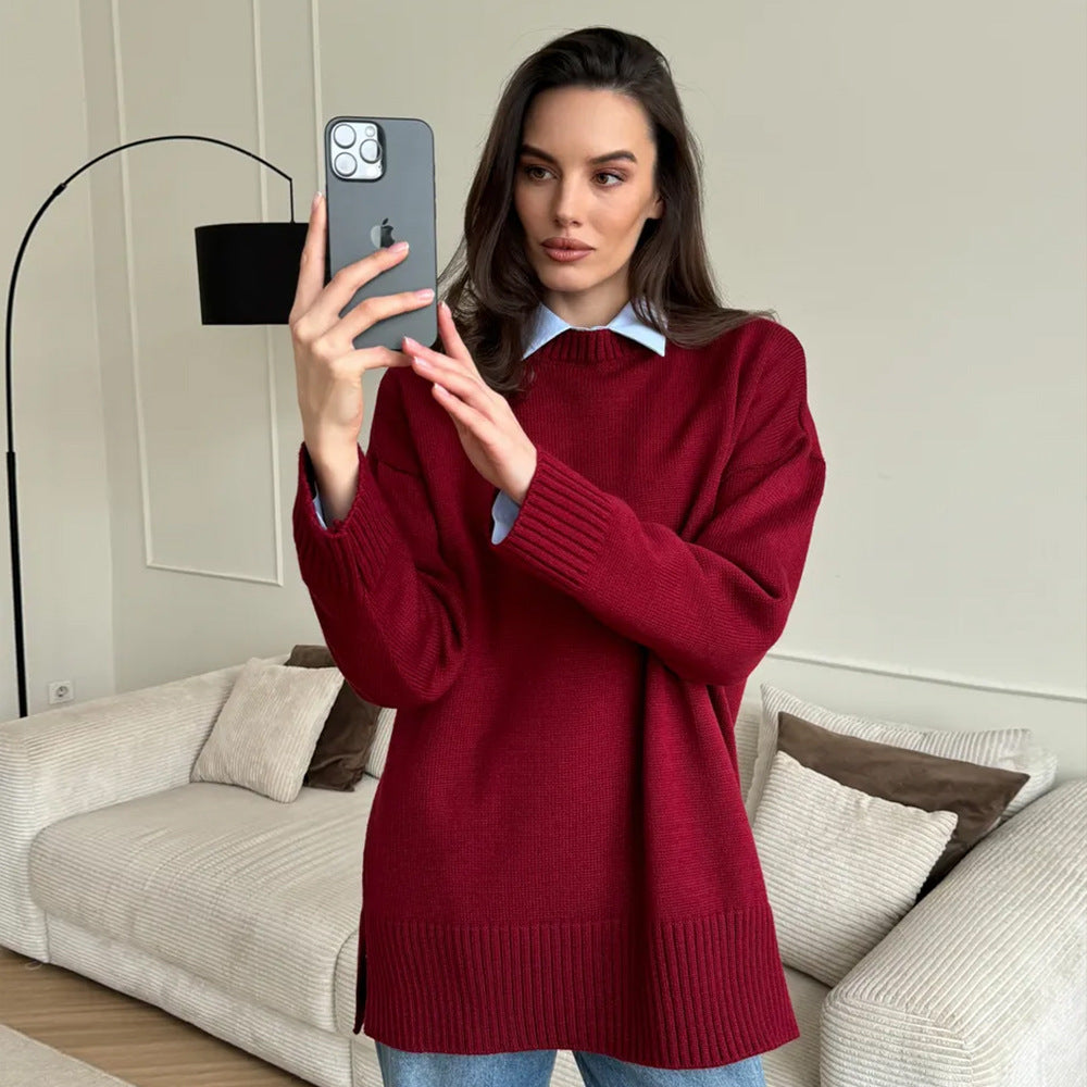 Damen Bequemer und eleganter Strickpullover mit seitlichem Schlitz Drune