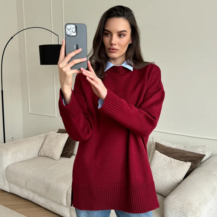 Damen Bequemer und eleganter Strickpullover mit seitlichem Schlitz Drune