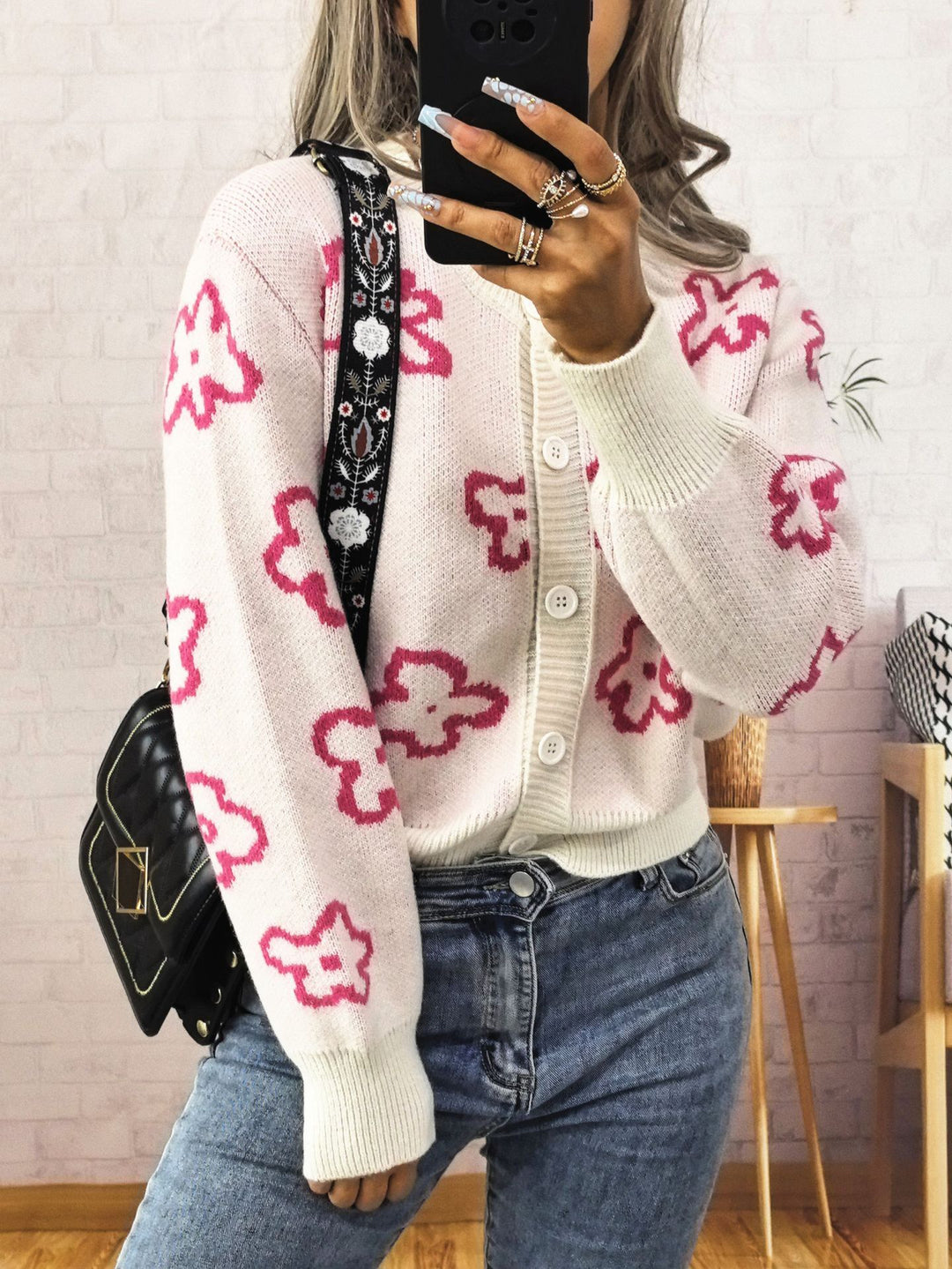 Damen gemütliche Strickjacke mit floralem Design Drune