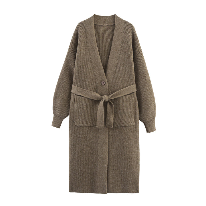 Damen Lange Strickjacke mit Gürtel und Taschen Drune