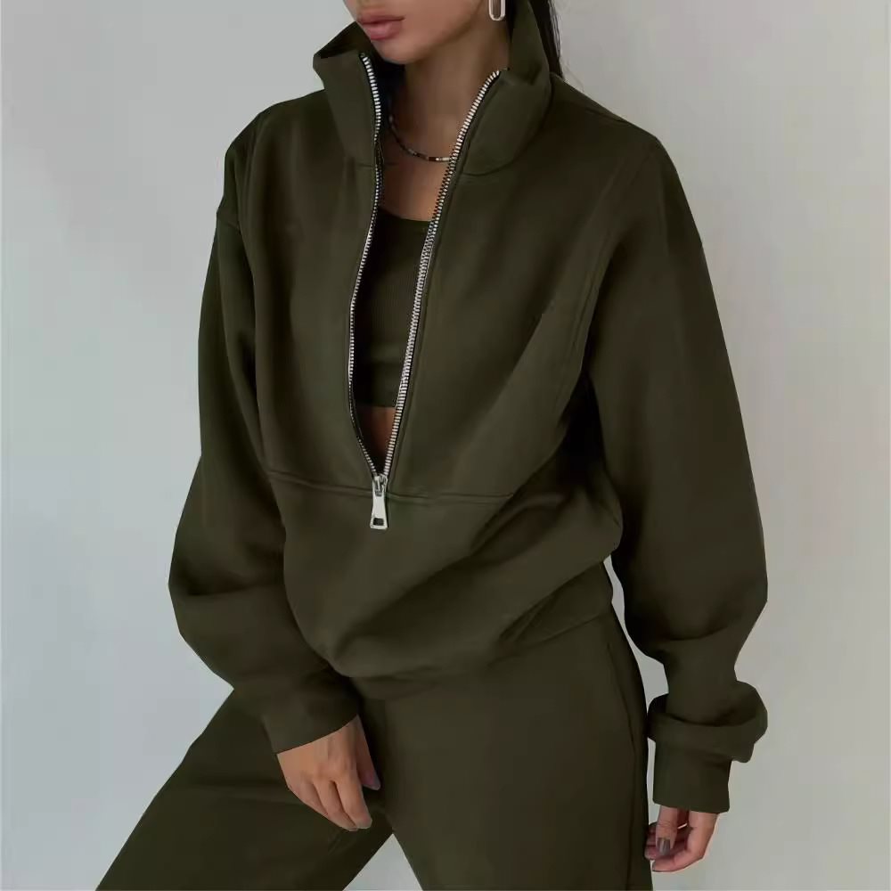 Damen Hochwertiger Zip-Pullover mit hohem Kragen und weicher Innenseite Drune