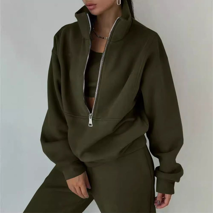 Damen Hochwertiger Zip-Pullover mit hohem Kragen und weicher Innenseite Drune