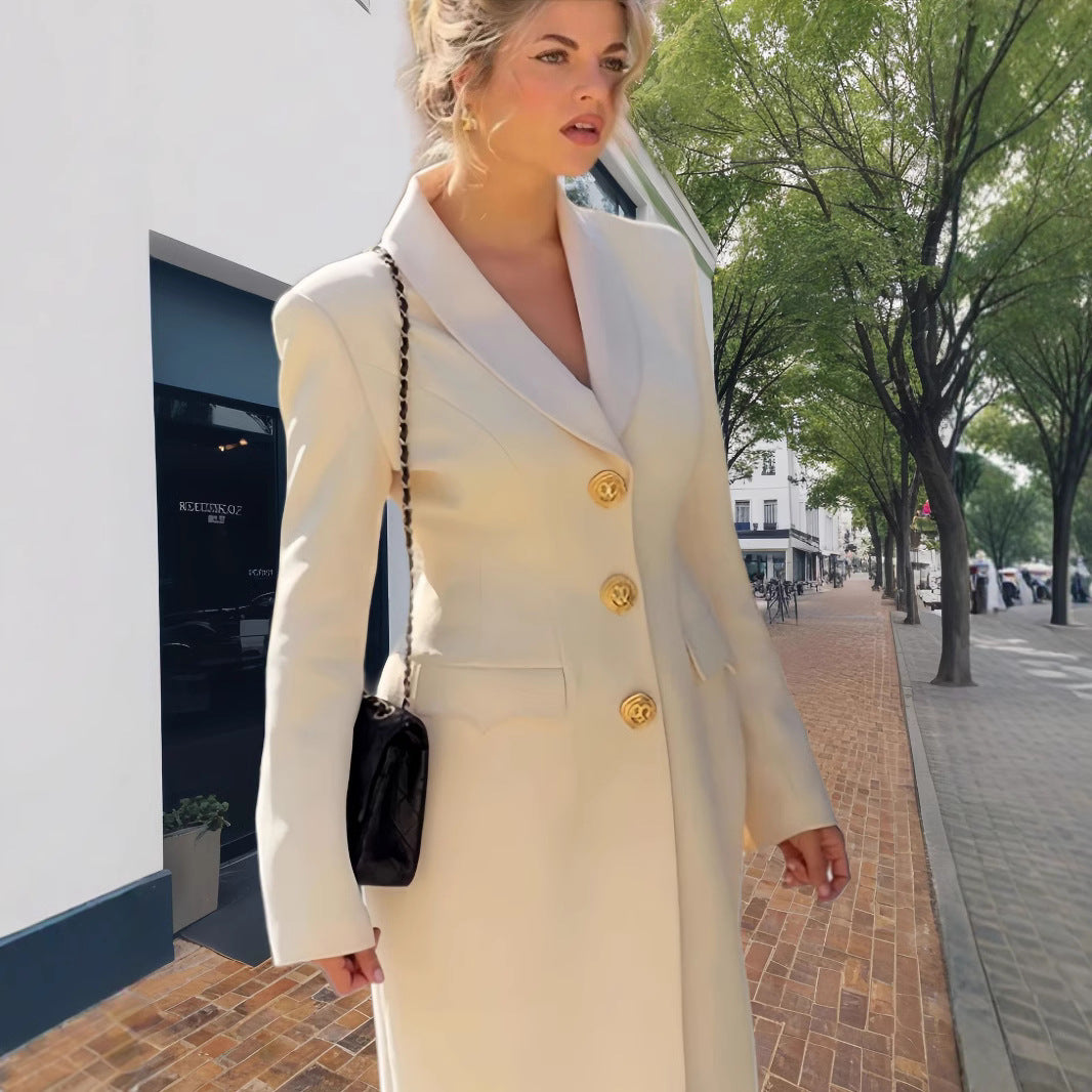 Damen Eleganter Langmantel mit goldenen Knöpfen und klassischem Schnitt Drune