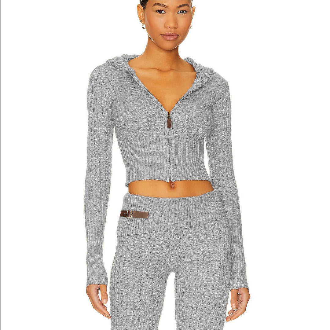 Damen Cropped Strickjacke mit Kapuze und hohem Kragen Drune
