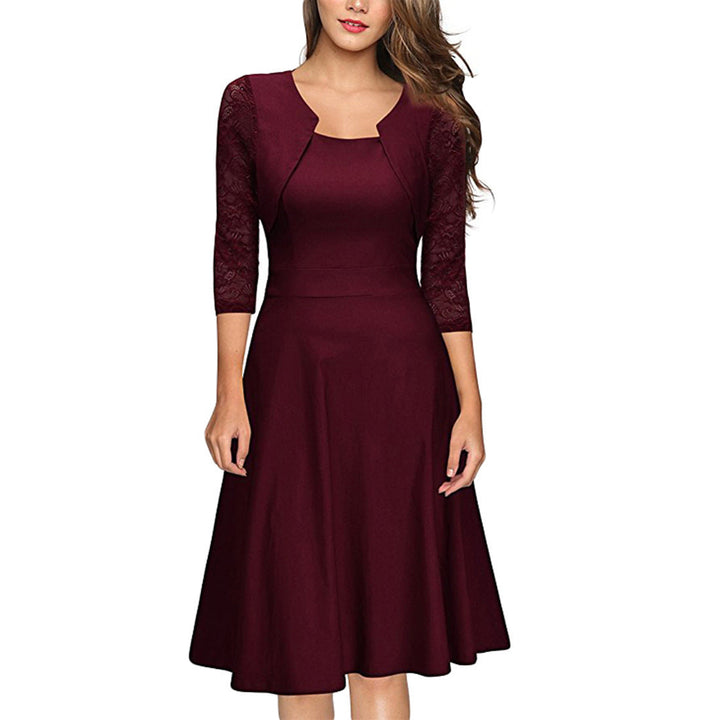 Damen Midi-Kleid mit Spitzenärmeln und schwingendem Rock Drune
