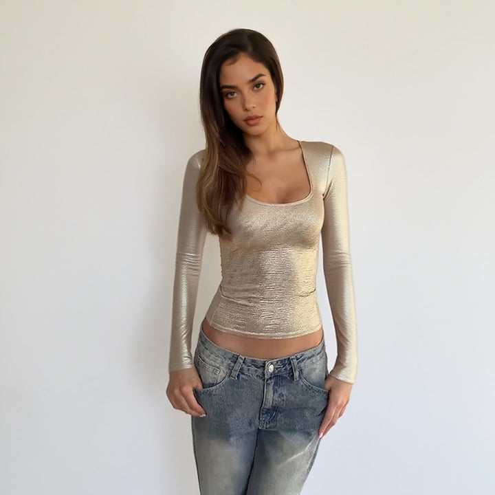 Damen schimmerndes Langarmshirt mit elegantem Rundhalsausschnitt und figurbetontem Schnitt Drune