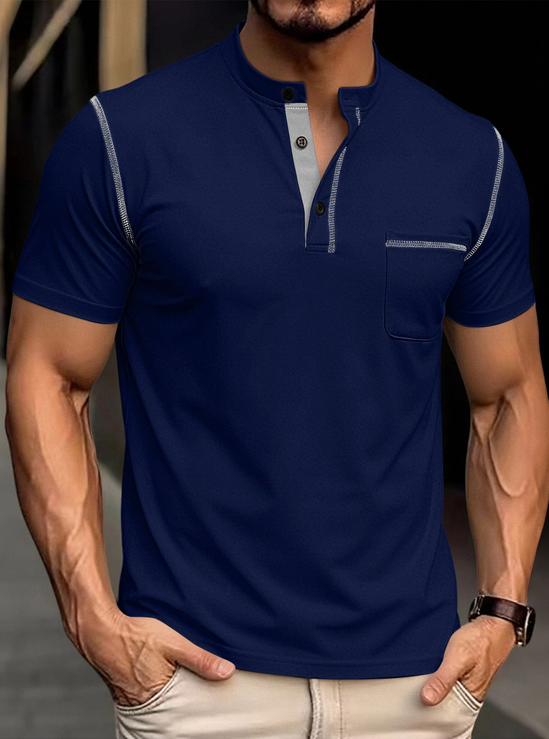 Herren nan modernes Kurzarm-Henley mit Stehkragen, Kontrastnähten und aufgesetzter Brusttasche Drune