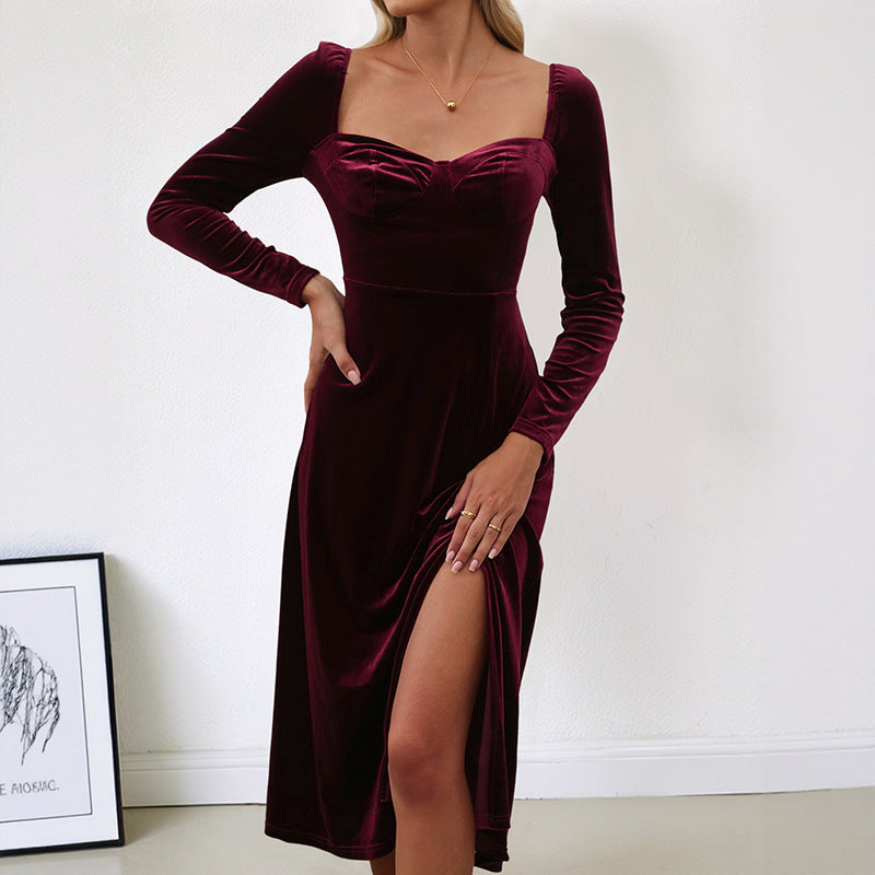 Damen elegantes Maxikleid mit raffiniertem V-Ausschnitt und langer Armel Drune