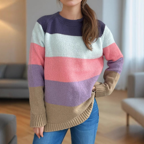 Damen gestreifter Strickpullover mit lässigem Schnitt und buntem Design Drune