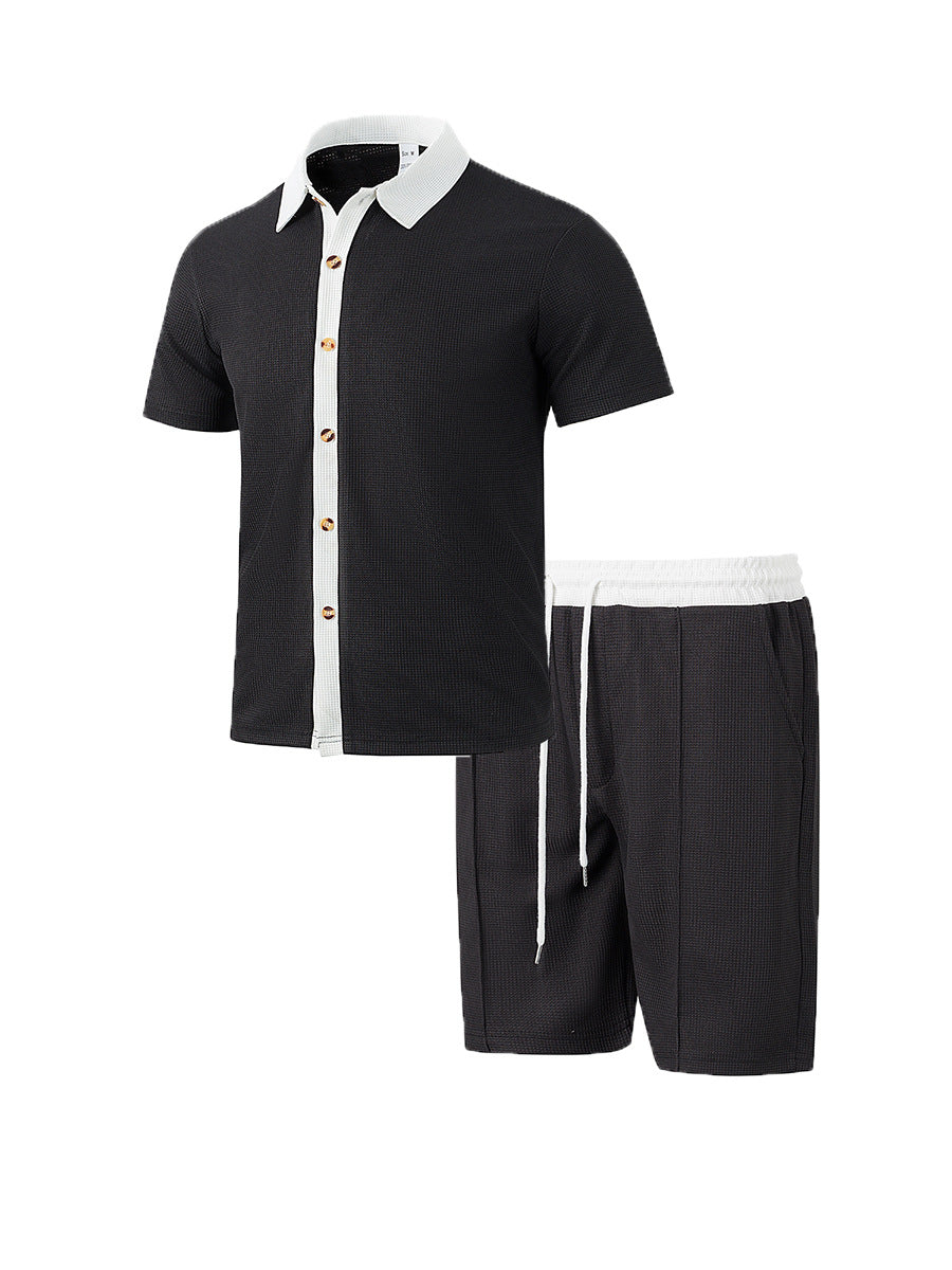 Herren nan modernes Freizeit-Set aus feinem Strukturjersey mit Hemdkragen-Knopfleiste und Kordel-Shorts Drune